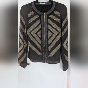 Stunning Black Leather Trim Jacket with Gold Studded Design Size L
